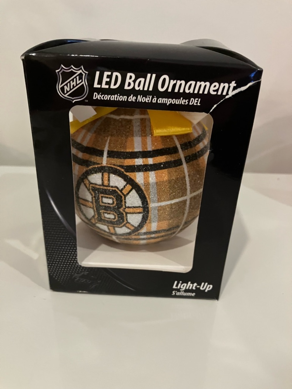 NHL Boston Bruins Glitter LED Ornament - Black, Gold & White Plaid